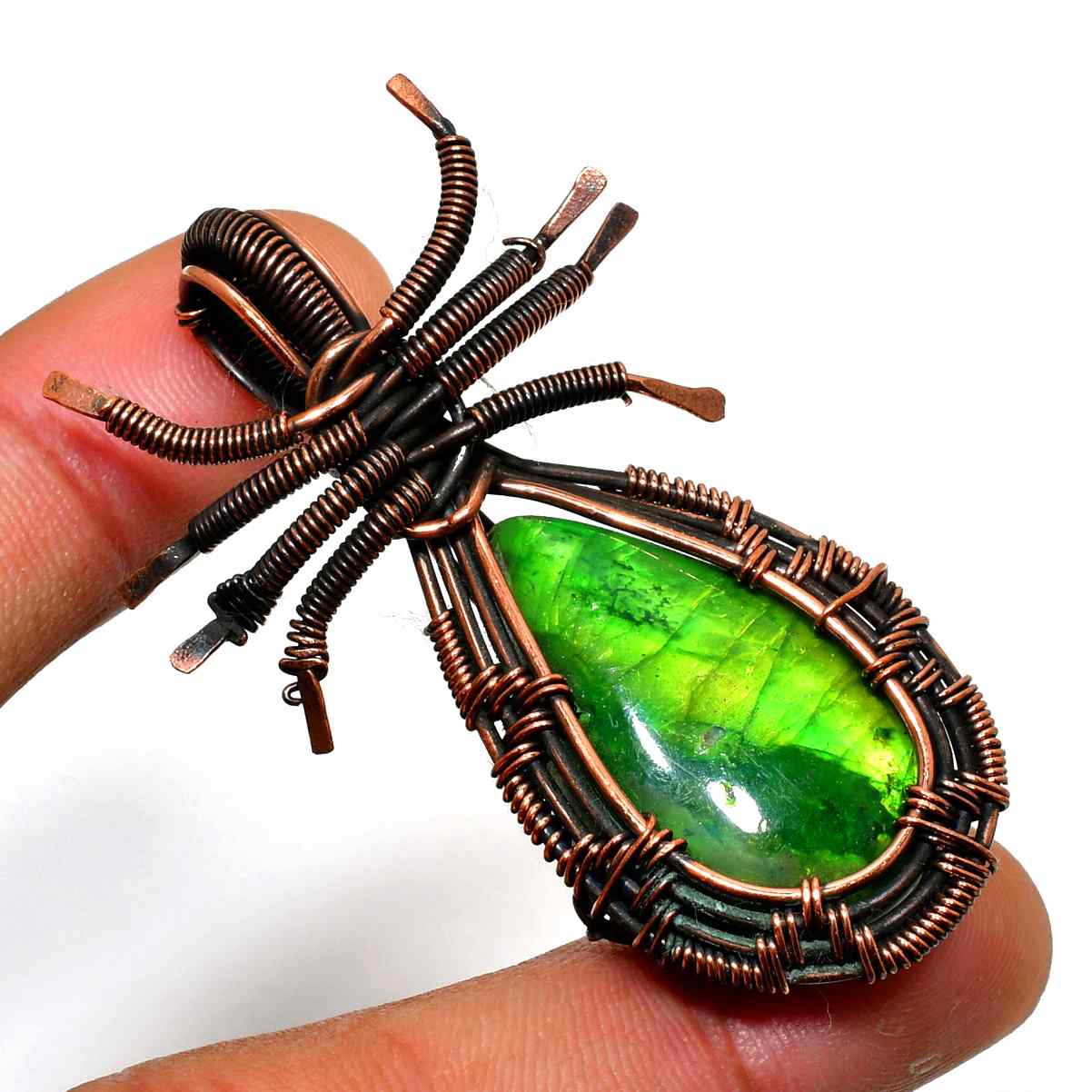 Spider’s Embrace – Copper-Wrapped Green Gemstone Pendant
