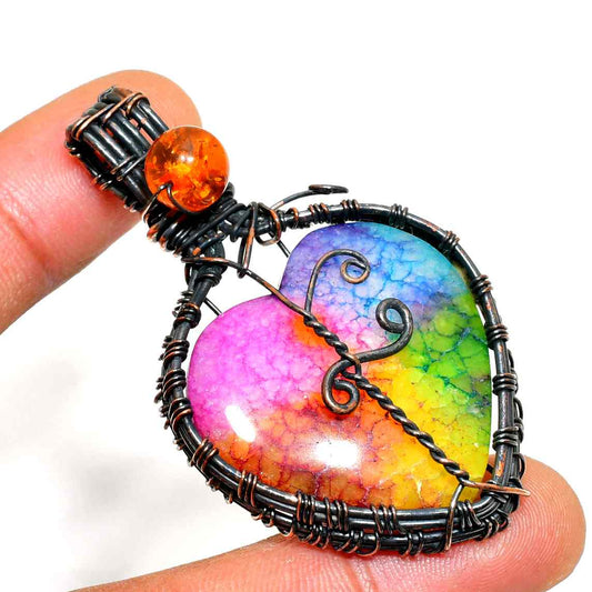 Aurora Heart – Rainbow Agate & Amber Pendant