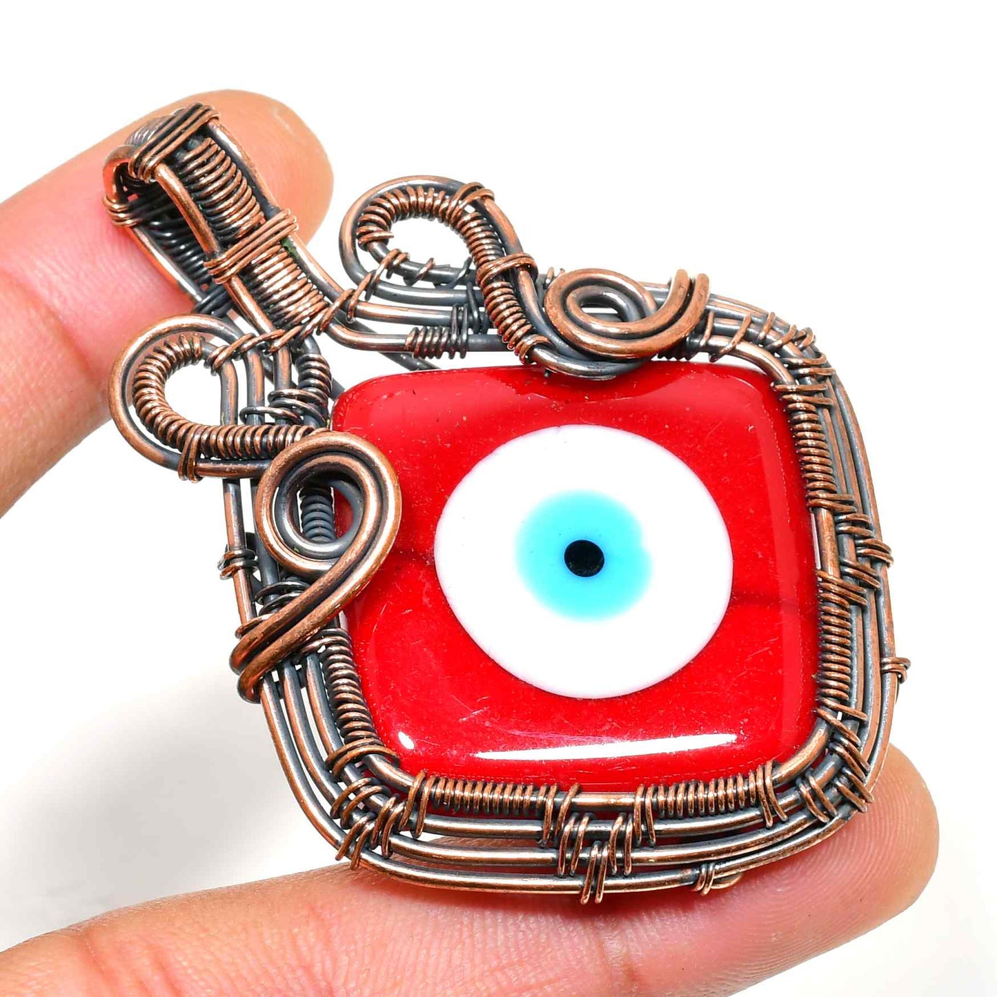 Crimson Guardian – Red Glass Copper Evil Eye Pendant
