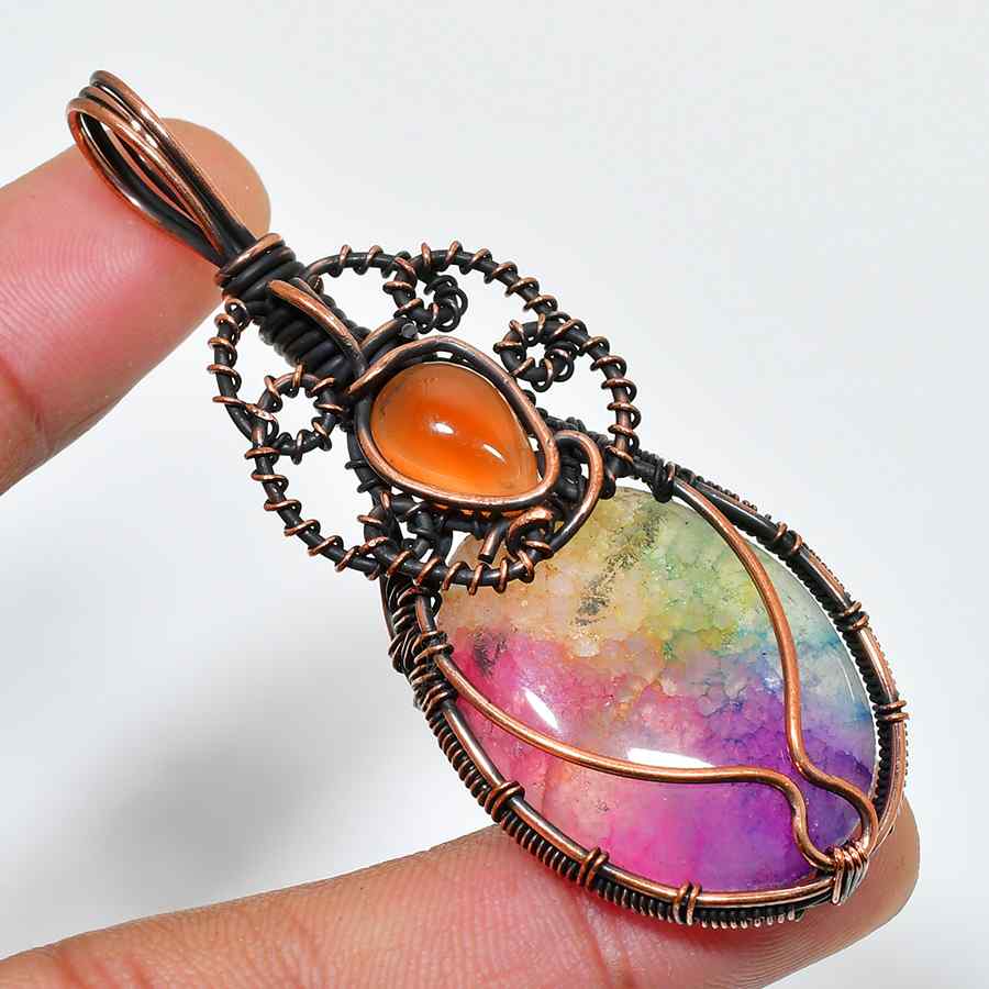 Kaleidoscope Dream – Fused Quartz & Carnelian Wire-Wrapped Pendant