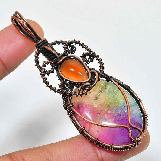 Kaleidoscope Dream – Fused Quartz & Carnelian Wire-Wrapped Pendant