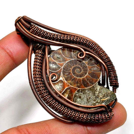 Gaia’s Spiral – Copper-Wrapped Ammonite Pendant