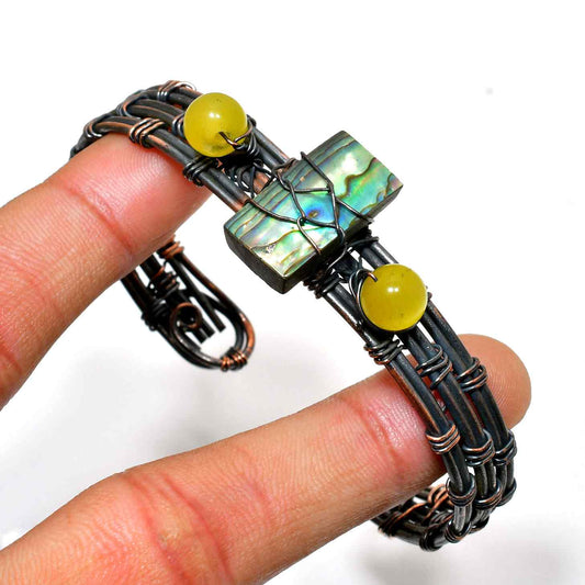Serenity’s Glow – Abalone & Yellow Gemstone Copper Bracelet