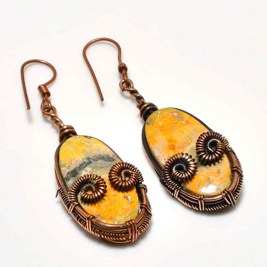 Ember’s Glow – Yellow Fossilized Stone & Oxidized Copper Earrings