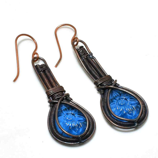 Azure Blossom – Oxidized Copper & Blue Glass Earrings