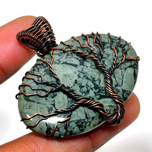Ember’s Guardian – Green Gemstone Copper Tree of Life Pendant