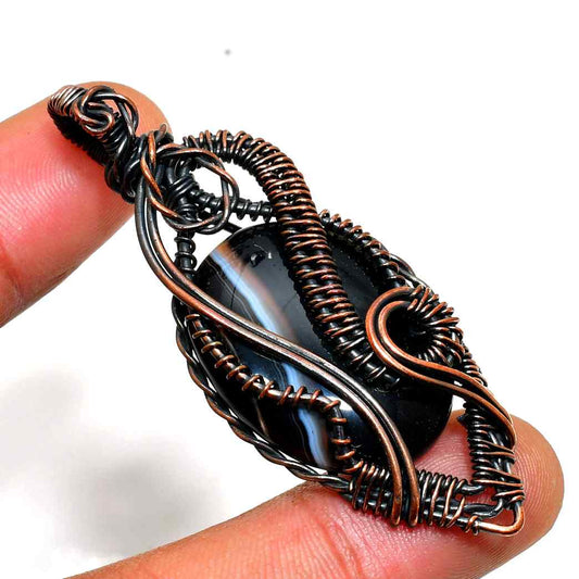 Shadow’s Embrace – Black Agate & Copper Wire Pendant