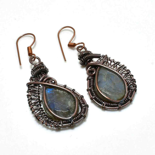 Selene’s Shield – Labradorite Teardrop Copper Earrings