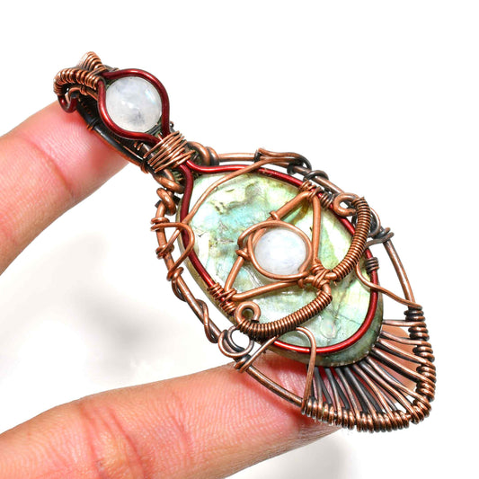 Celestial Harmony – Labradorite & Moonstone Copper Pendant