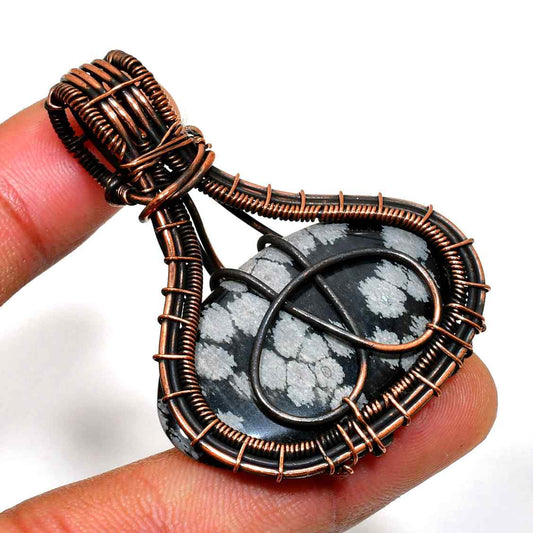 Midnight Frost – Black Snowflake Obsidian Copper Pendant