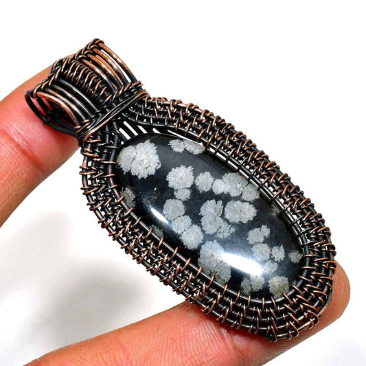 Frosted Harmony – Snowflake Obsidian Copper Pendant