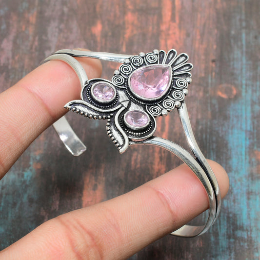 Petal Whisper – Rose Quartz Silver Cuff