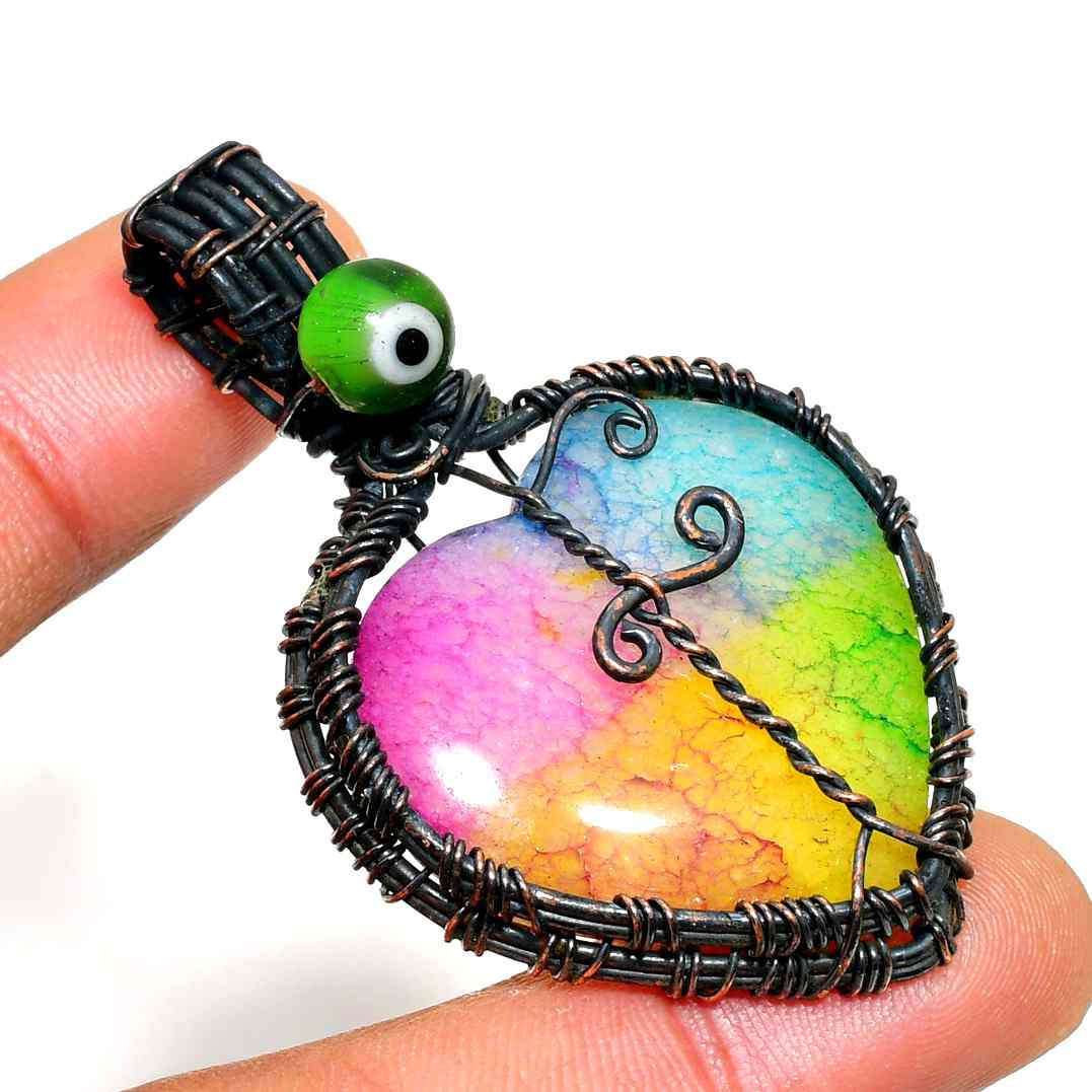 Chromatic Heart – Copper-Wrapped Rainbow Stone Pendant