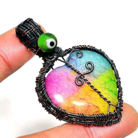 Chromatic Heart – Copper-Wrapped Rainbow Stone Pendant