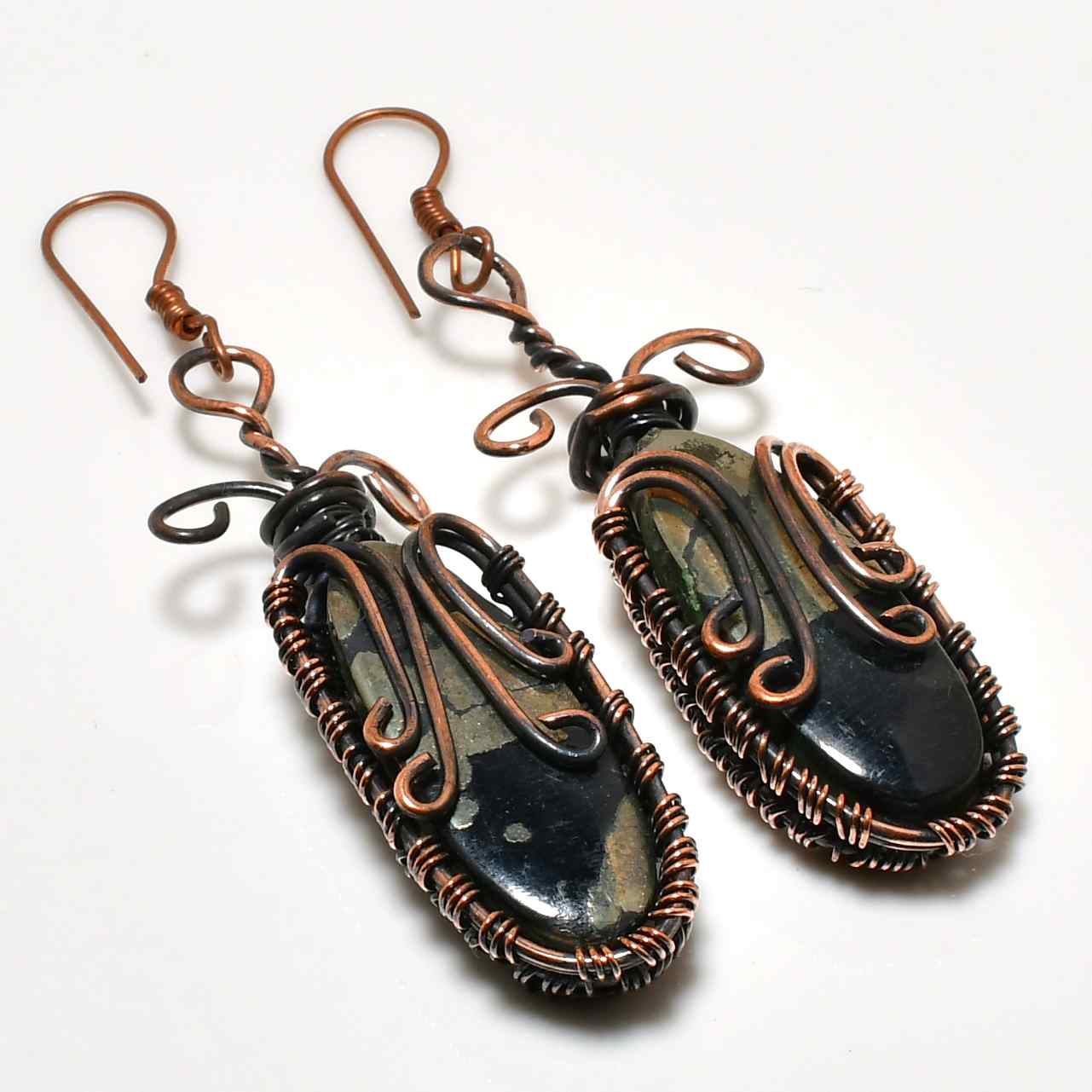 Earthen Noir – Copper-Wrapped Black Stone Earrings