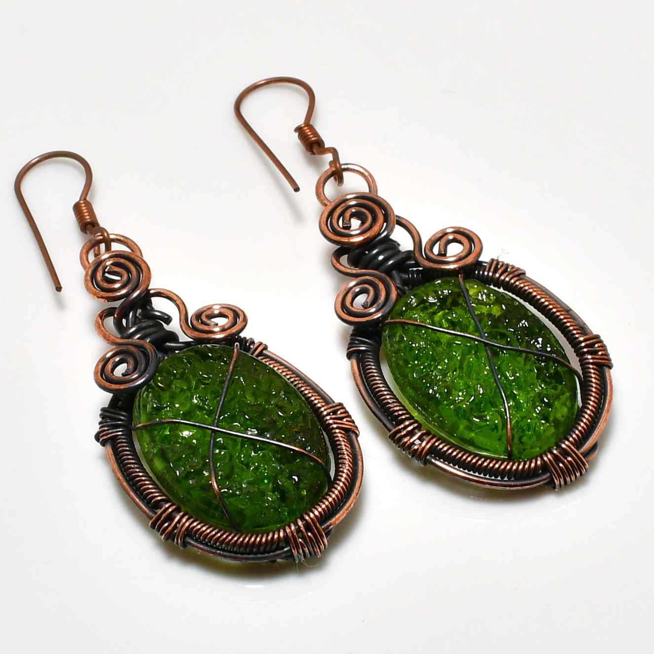 Verdant Harmony – Green Glass & Copper Earrings