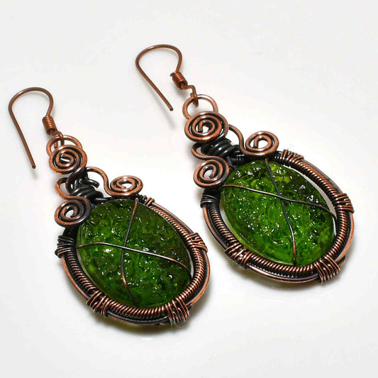 Verdant Harmony – Green Glass & Copper Earrings