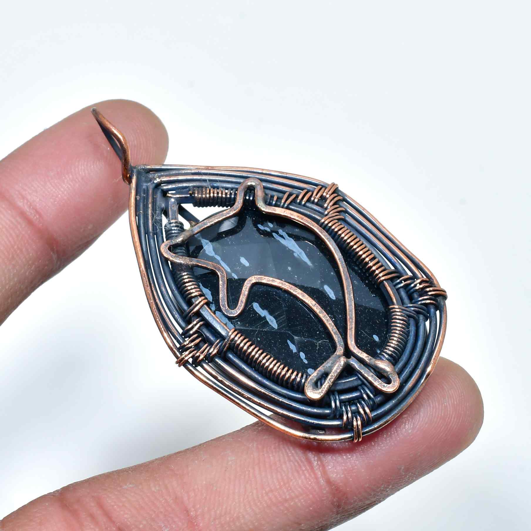 Dolphin’s Embrace – Black Stone & Copper Dreamcatcher Pendant