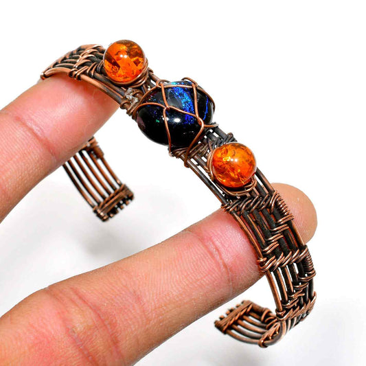 Celestial Ember – Amber & Blue Crystal Copper Bracelet