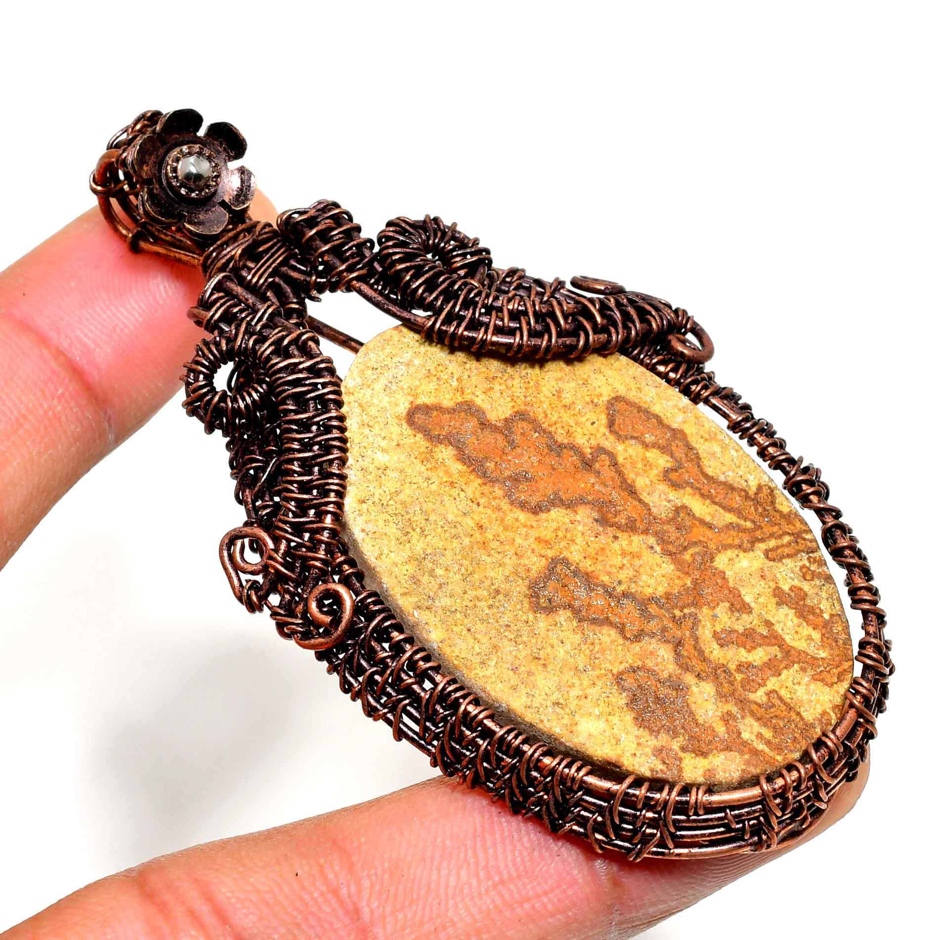 Gaia’s Embrace – Oxidized Copper & Natural Stone Pendant