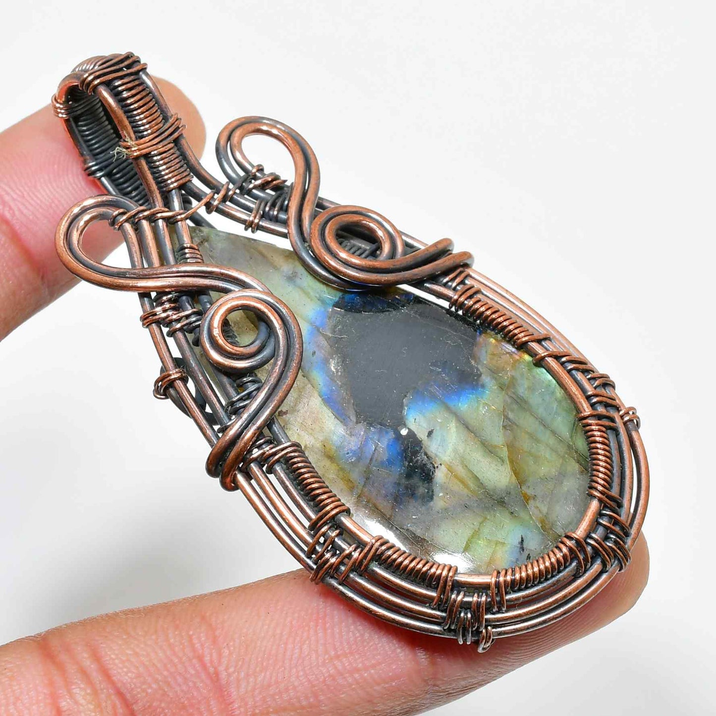 Aurora’s Veil – Oxidized Copper Labradorite Pendant