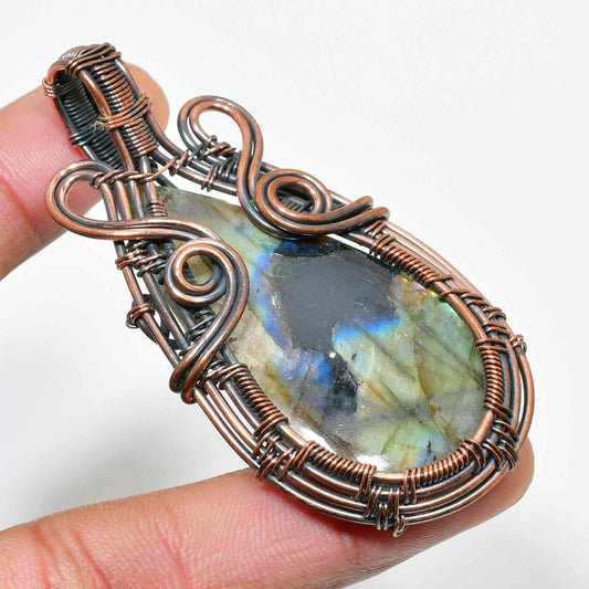 Aurora’s Veil – Oxidized Copper Labradorite Pendant