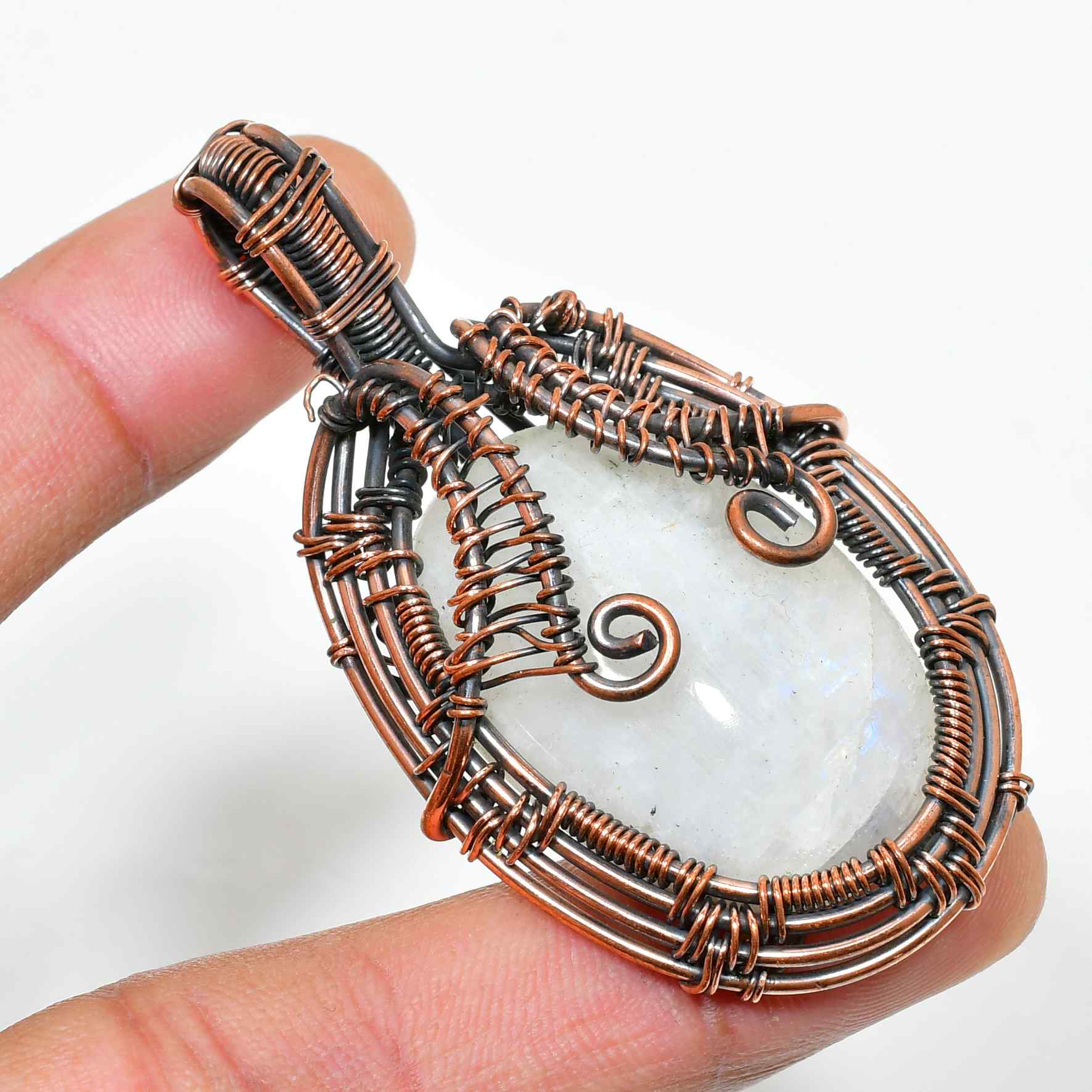 Ember’s Whisper – Moonstone Copper & Black Wire Pendant