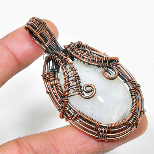 Ember’s Whisper – Moonstone Copper & Black Wire Pendant