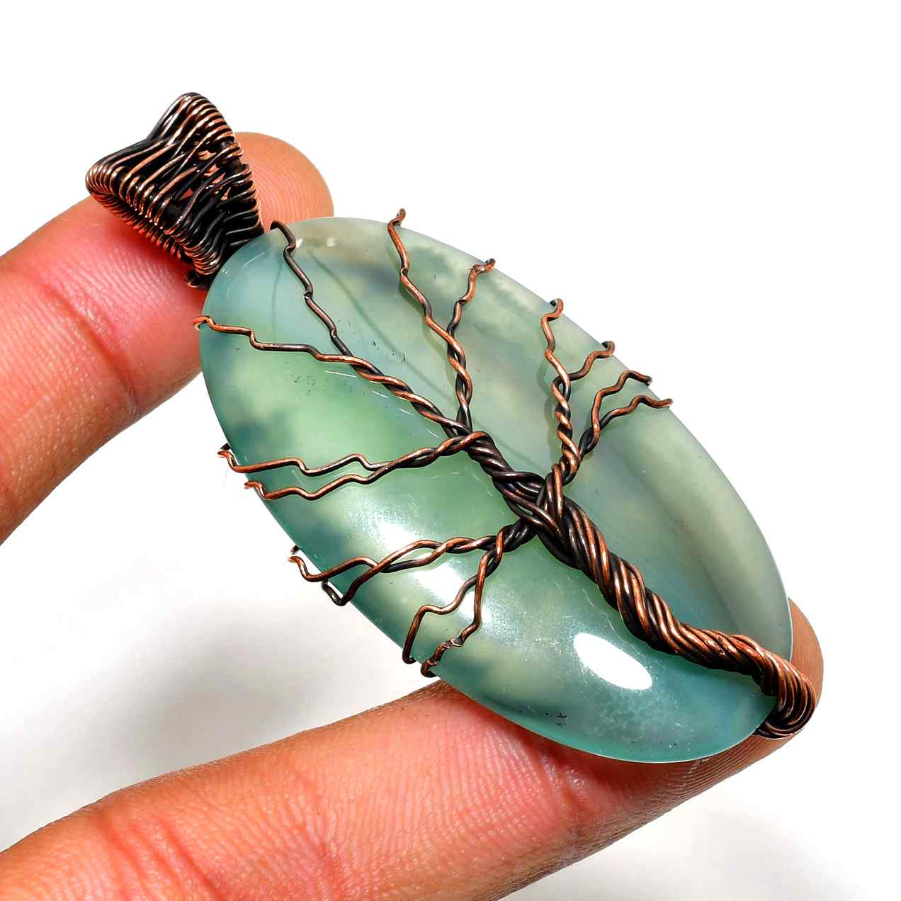 Verdant Whispers – Green Agate Tree of Life Pendant