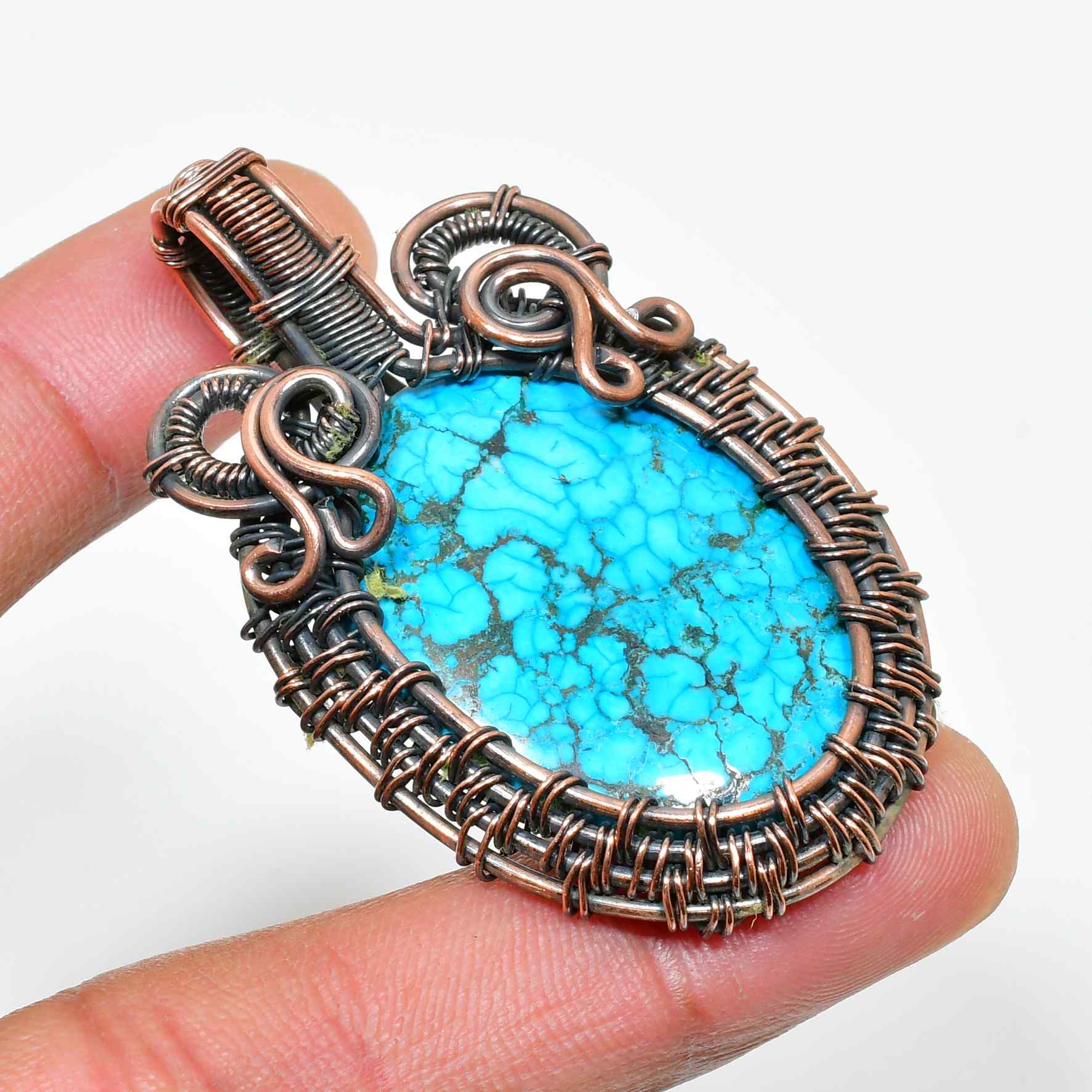 Turquoise Whisper – Antique Copper Wire-Wrapped Pendant