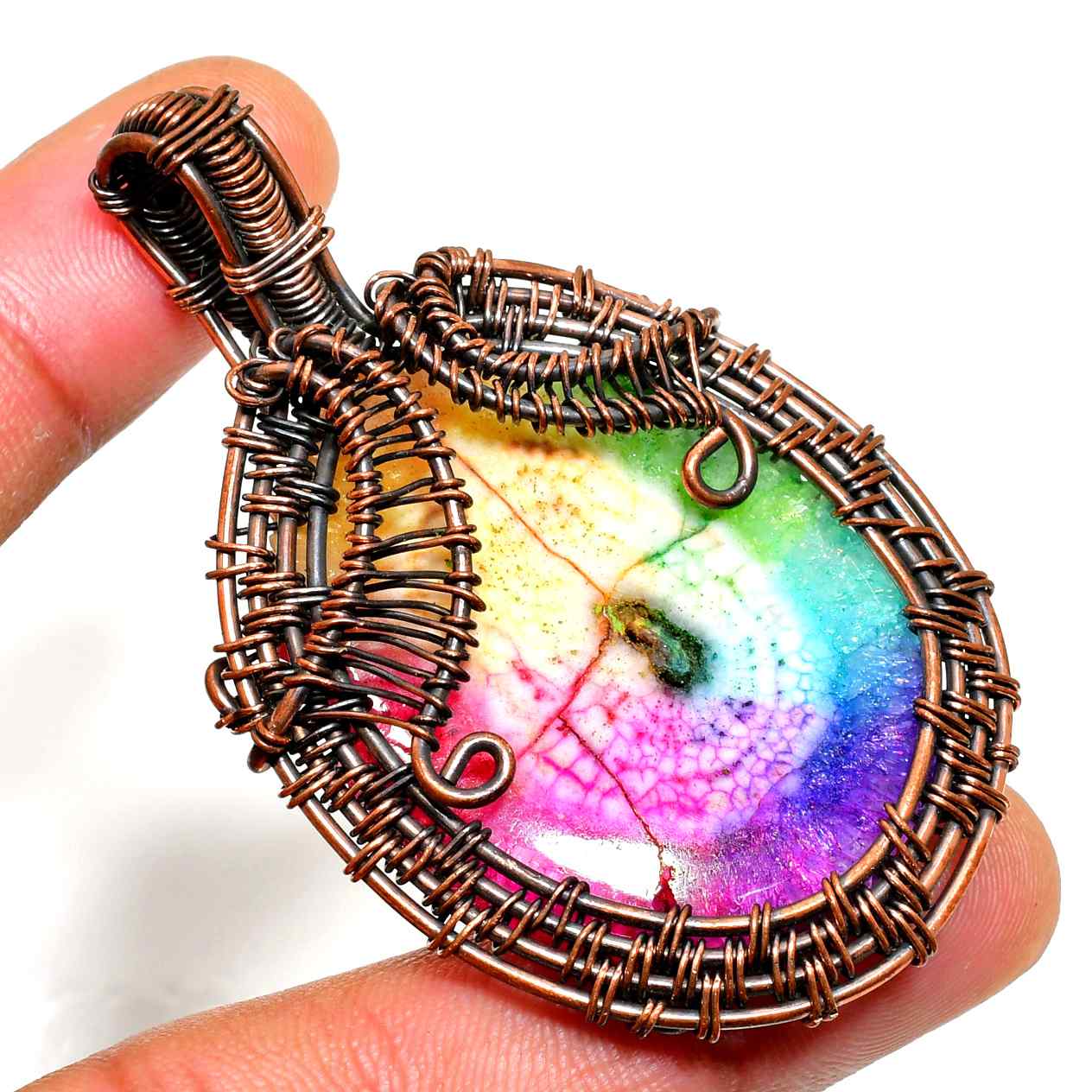 Ezra’s Veil – Rainbow Agate Copper Pendant
