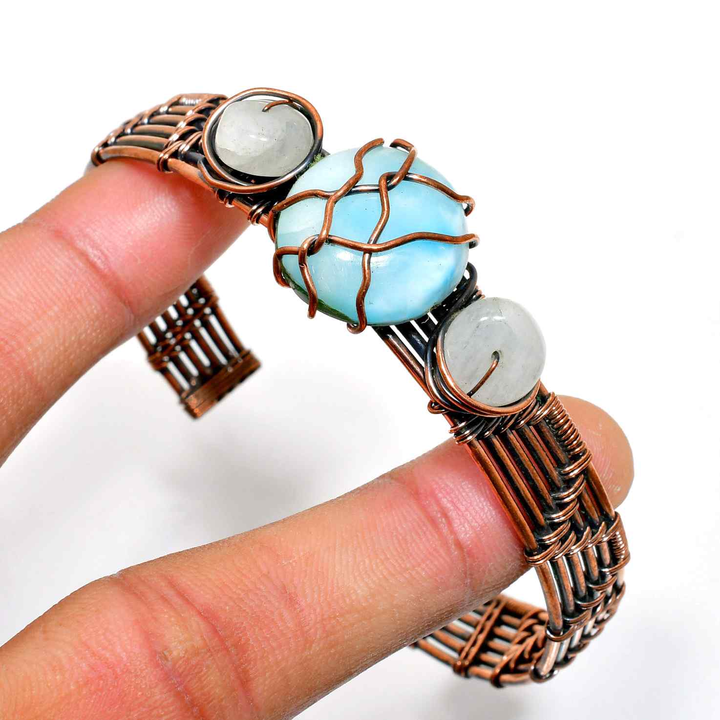 Ocean’s Whisper – Blue Chalcedony & Moonstone Copper Bracelet