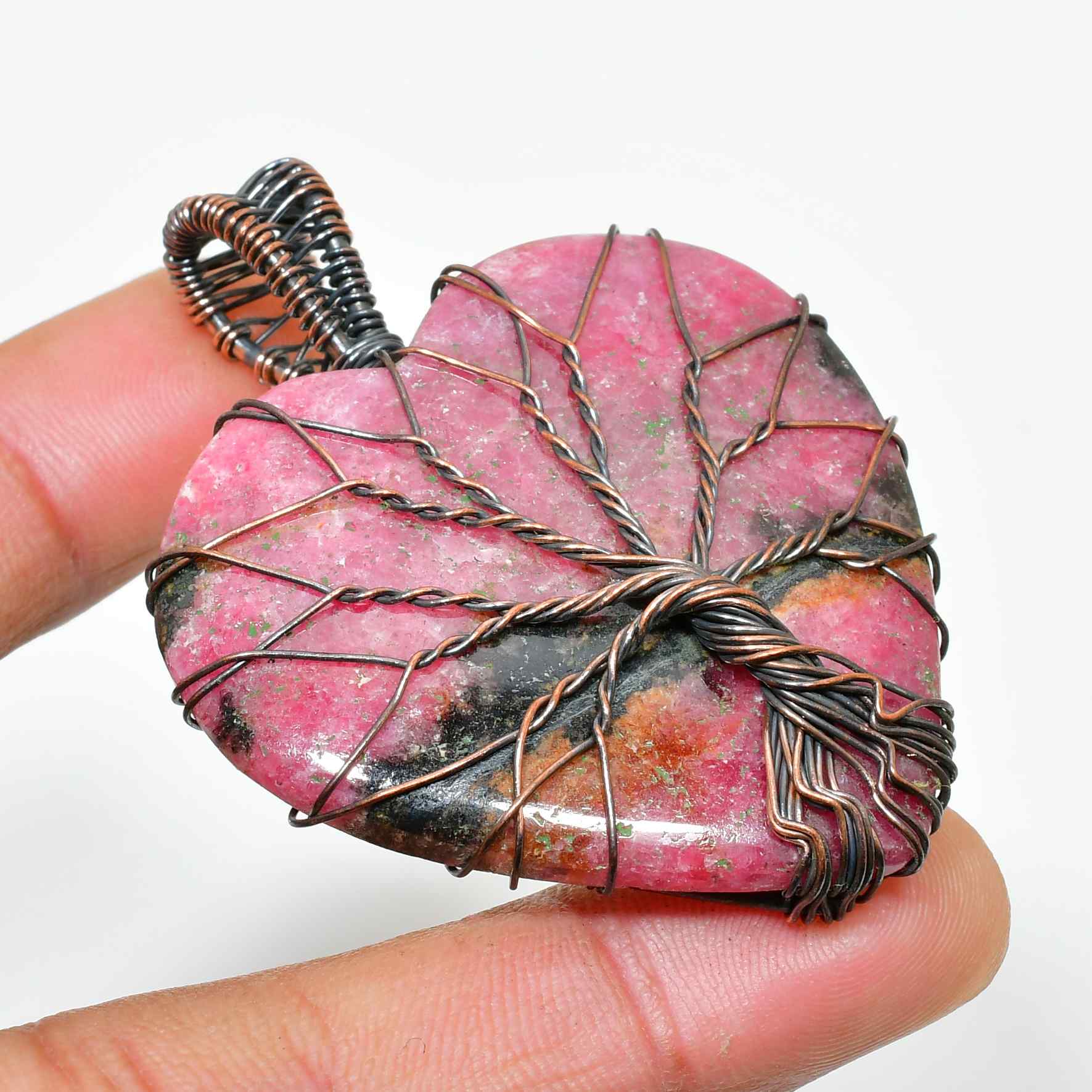 Amora’s Heart – Copper-Wrapped Rhodonite Pendant