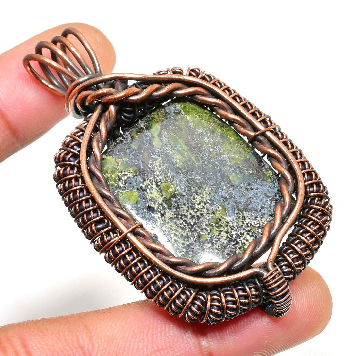 Verdant Embrace – Moss Agate Copper Pendant