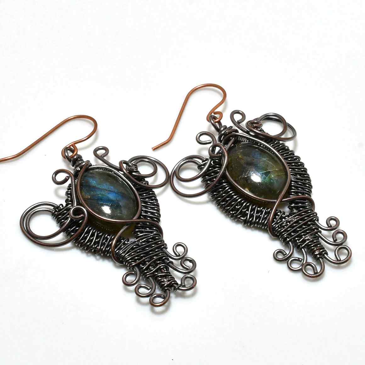 Selene’s Aura – Oxidized Copper Labradorite Earrings