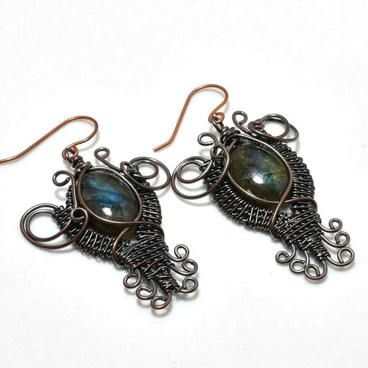 Selene’s Aura – Oxidized Copper Labradorite Earrings