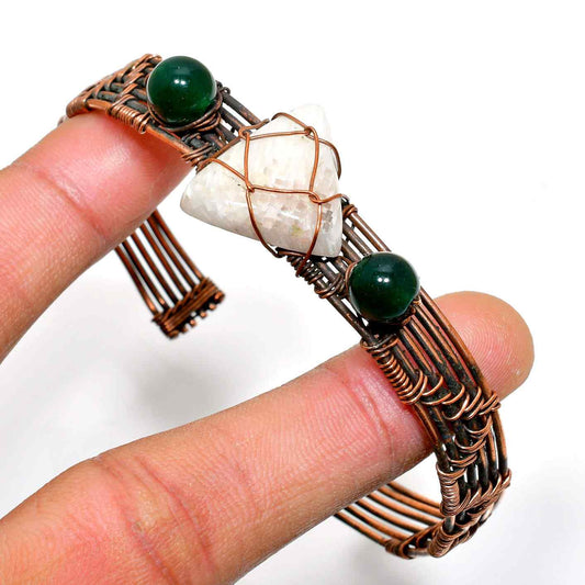 Gaia’s Harmony – White Quartz & Green Jade Copper Cuff
