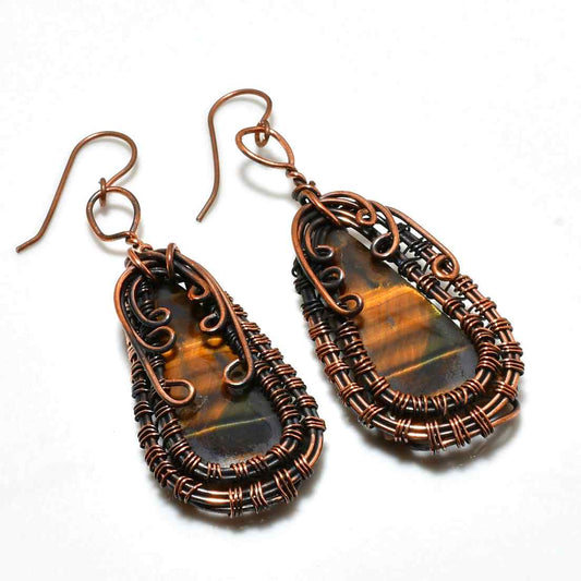 Guardian’s Gaze – Oxidized Copper Tiger’s Eye Earrings