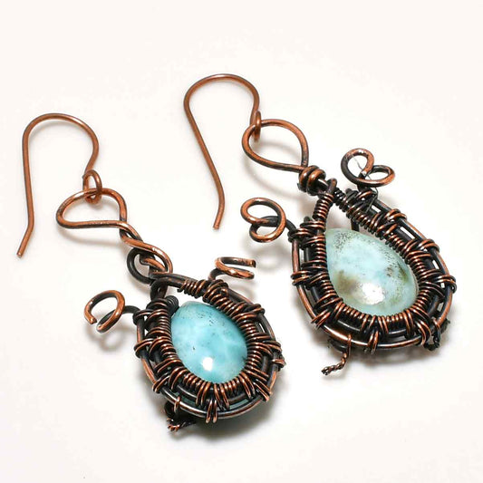 Ocean’s Whisper – Oxidized Copper Larimar Earrings