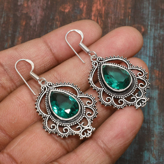 Tranquil Tide – Teal Crystal Silver Filigree Earrings