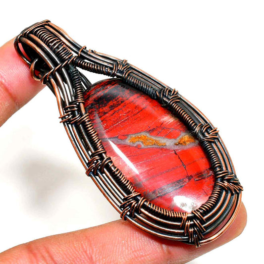 Earth’s Flame – Dark Copper Wrapped Red Jasper Pendant
