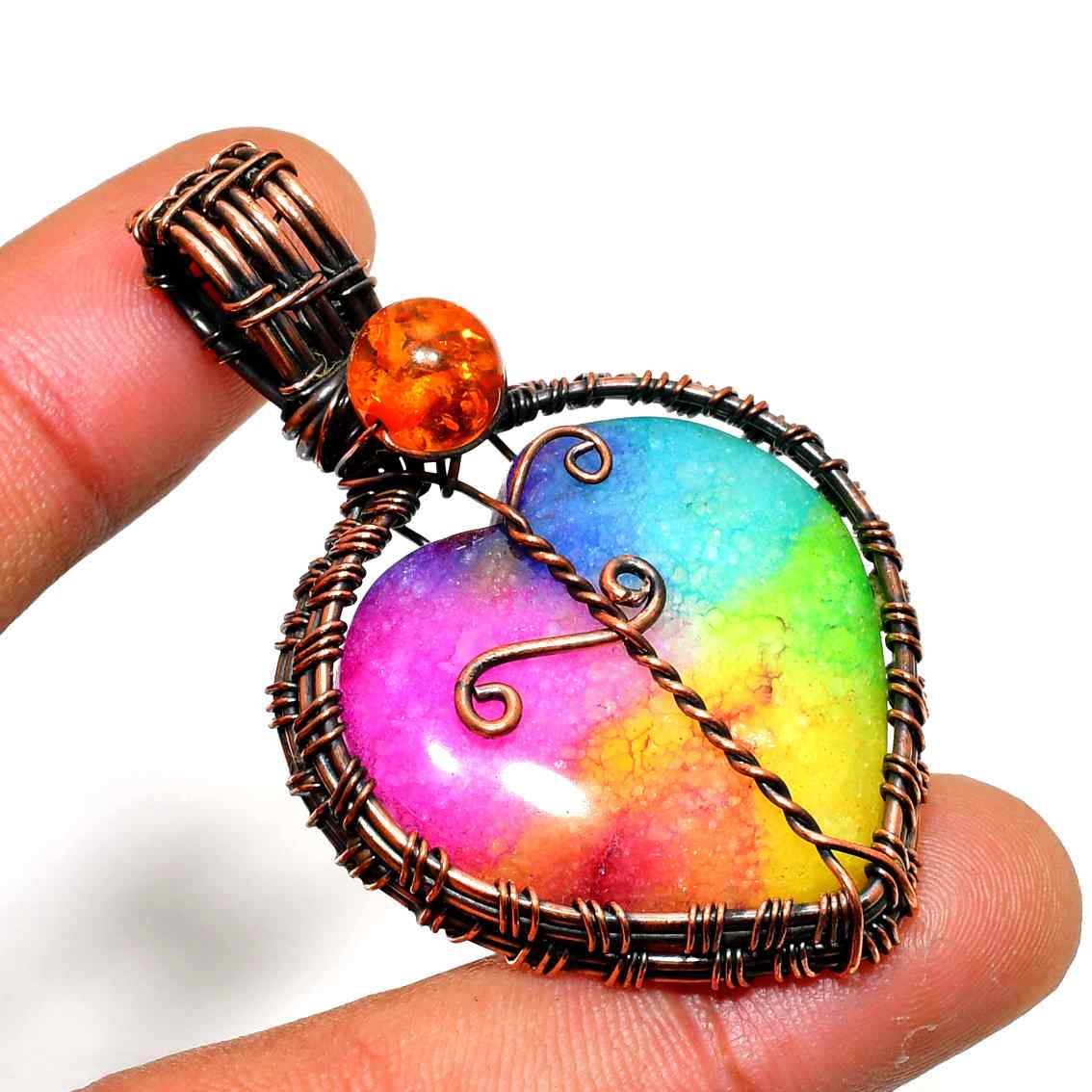 Radiant Heart – Rainbow Agate Copper Pendant