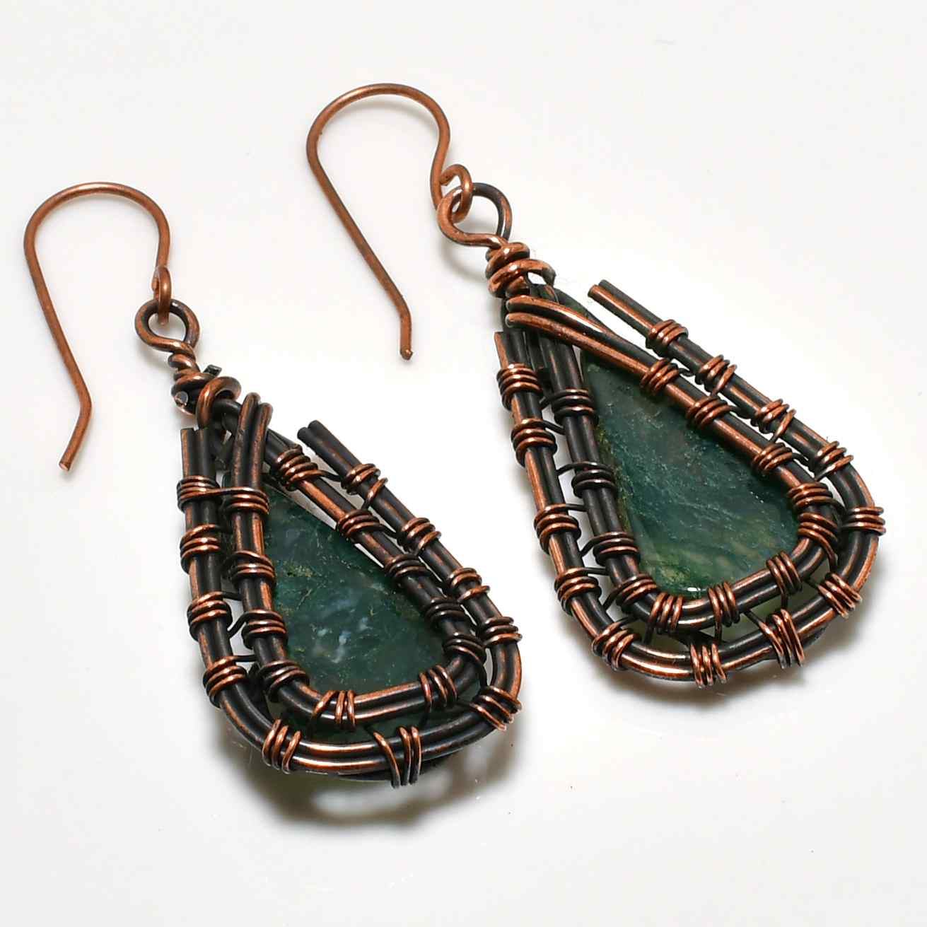 Serenity Drops – Handcrafted Green Stone & Copper Earrings