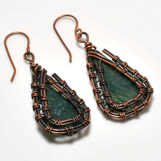 Serenity Drops – Handcrafted Green Stone & Copper Earrings