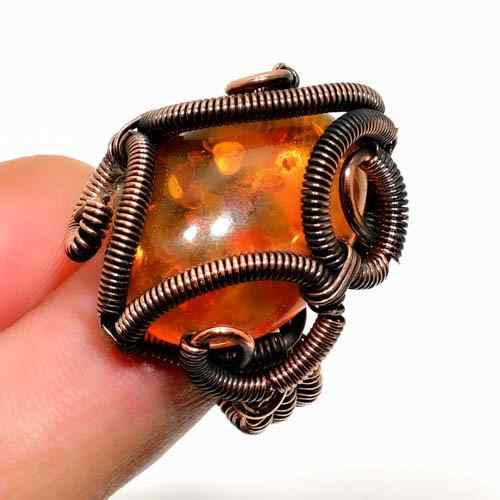 Amber Embrace – Antique Copper Wire Amber Ring