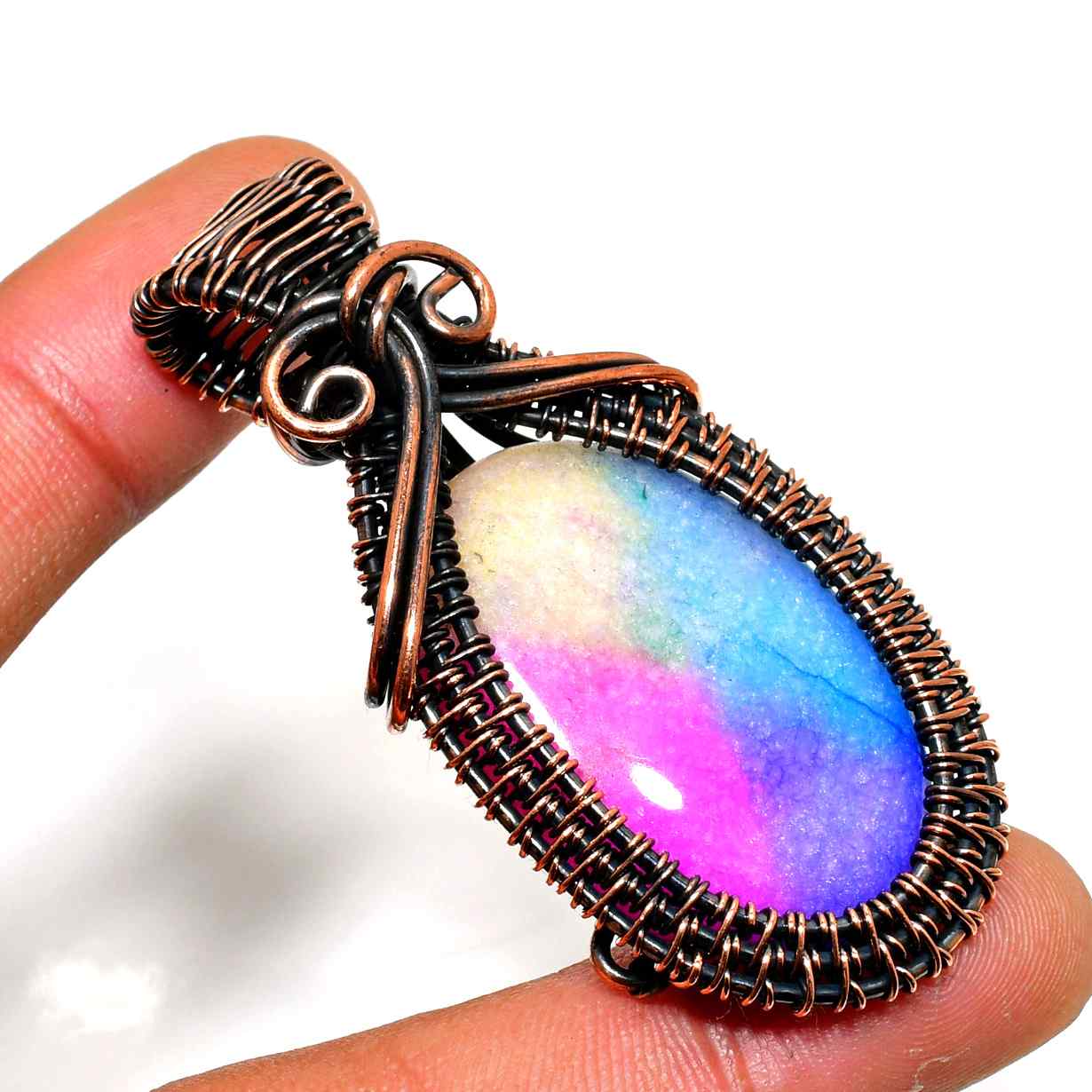 Prismatic Serenity – Rainbow Fluorite & Copper Pendant
