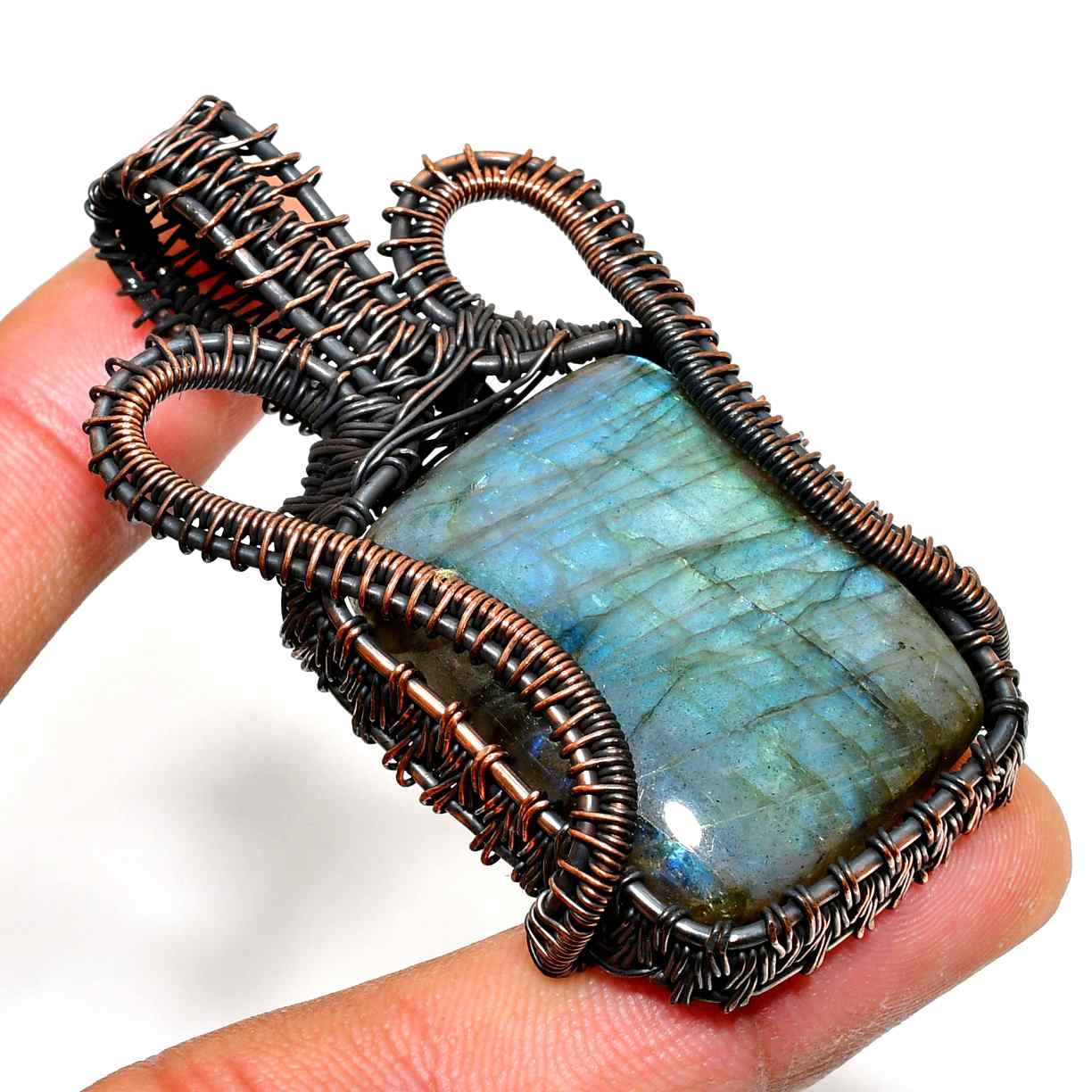 Azure’s Embrace – Labradorite Copper Pendant