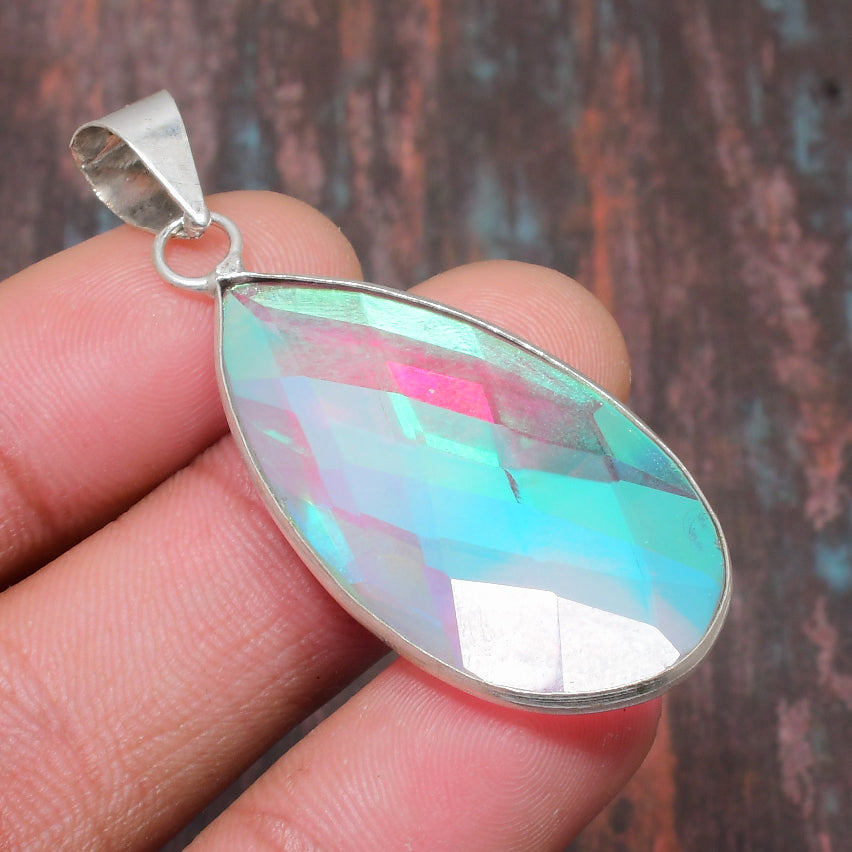 Aurora’s Glow – Iridescent Opal Brushed Silver Pendant