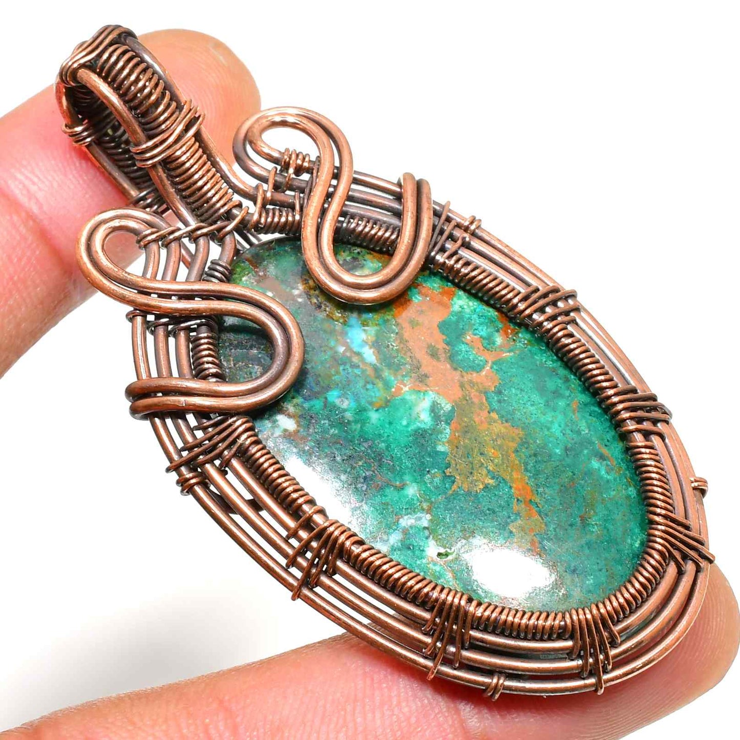 Gaia’s Embrace – Green Stone Copper Pendant