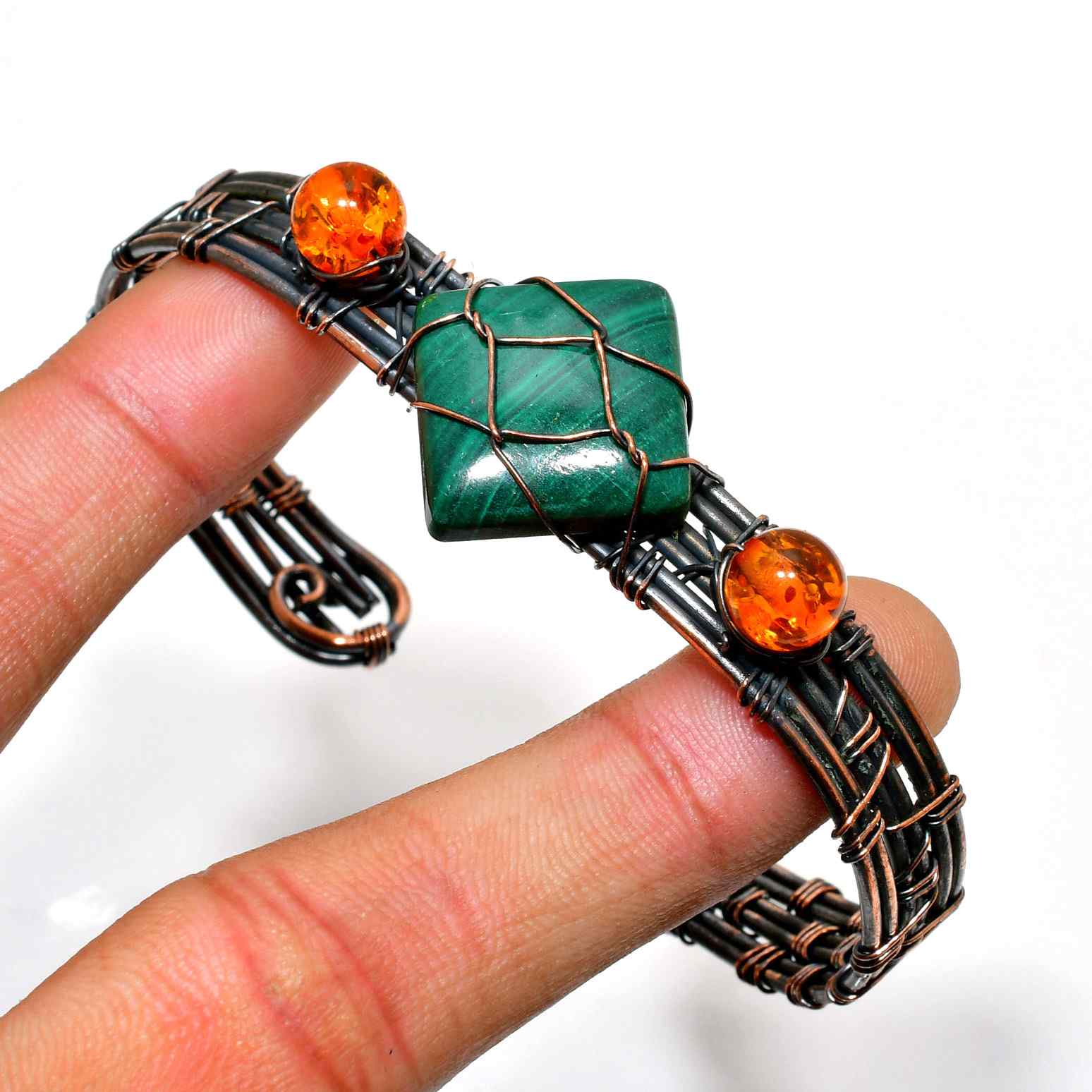 Ember’s Harmony – Malachite & Amber Copper Bracelet